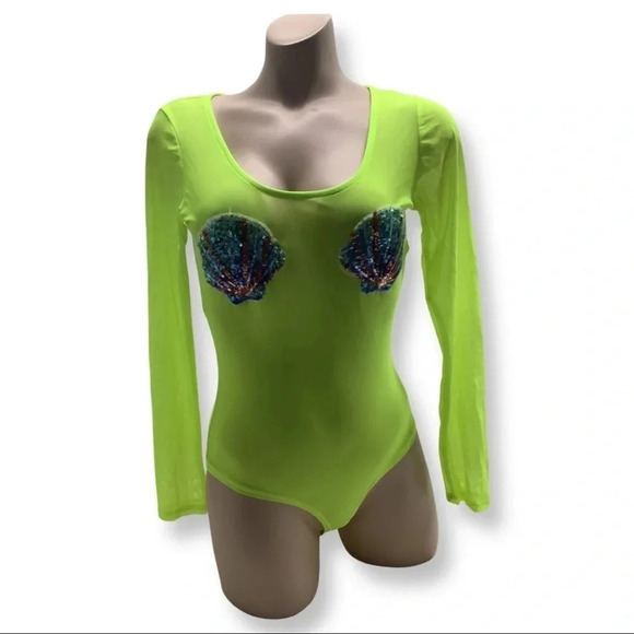 Mesh neon long sleeve bodysuit with Bedazzled Shells on Front Size Small NWOT - Picture 1 of 4